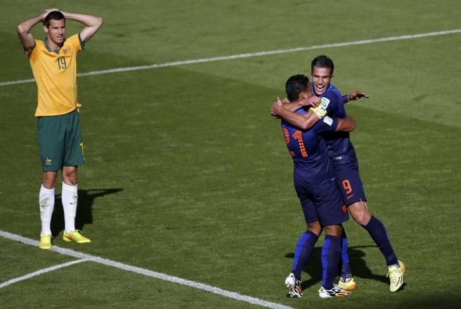 Robin Van Persie and Memphis Depay celebrate a goal against Australia, 18 June Memphis Depay Robin Van Persie Australia Netherlands