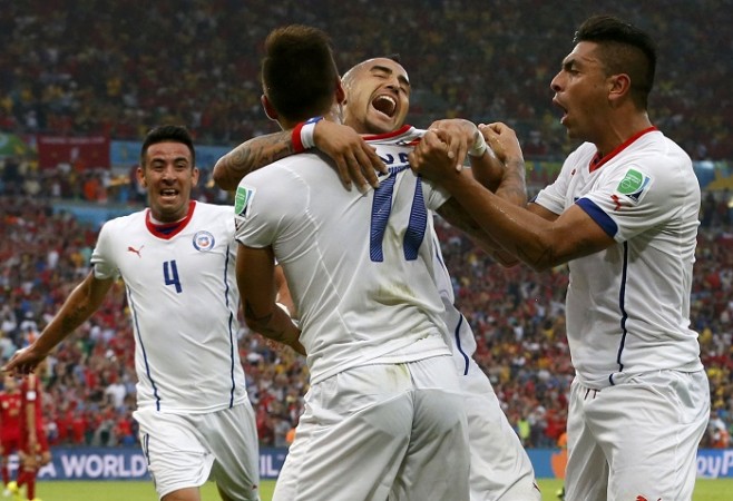 Chile's Mauricio Isla, Eduardo Vargas, Arturo Vidal and Gonzalo Jara celebrate. Chile Football Team