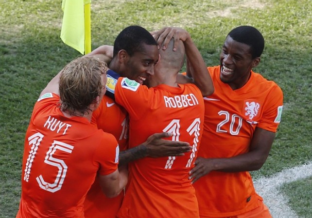 Netherlands midfielder Leroy Fer celebrates after scoring against Chile, 23 June Leroy Fer Netherlands Wijnaldum Robben Kuyt