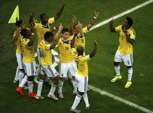 James Rodriguez celebrates with his teammates after scoring a brilliant goal against Uruguay, 28 June Colombia James Rodriguez