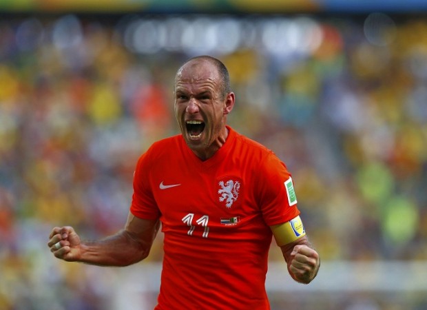 Arjen Robben celebrates after winning their Round of 16 game against Mexico. Arjen Robben