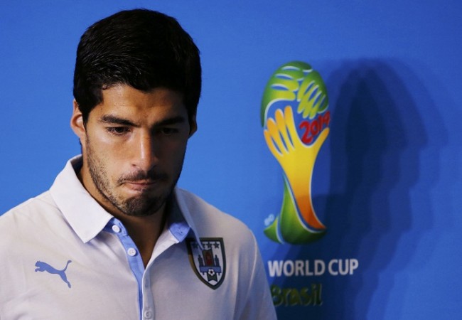 Uruguay striker Luis Suarez attends a news conference. Luis Suarez