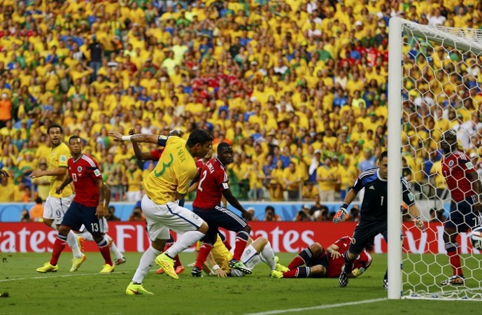 Brazil skipper Thiago Silva scores the opening goal against Colombia in their FIFA World Cup 2104 quarterfinal Thiago Silva Brazil Colombia