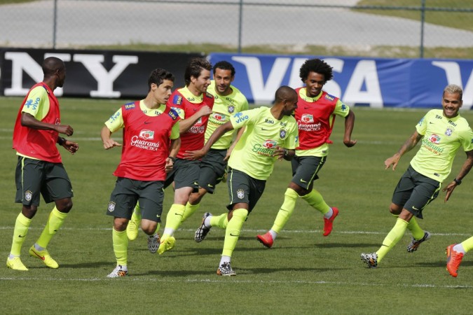 Brazil's national soccer team players run during a training session in Teresopolis Brazil