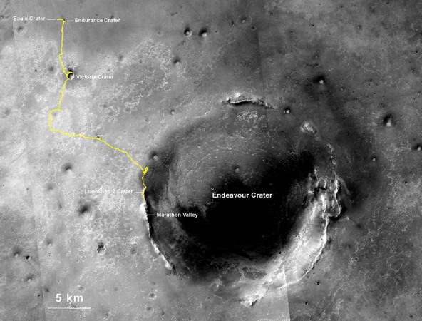 The 40km trail that NASA's Opportunity rover followed to set a new record. Opportunity Trail