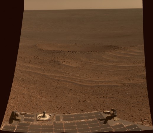 A picture of the Lunokhod 2 crater, taken from Opportunity, as the rover neared its Lunokhod 2 Crater