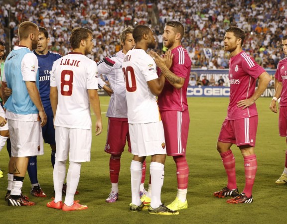 Roma's Seydou Keita argues with Real Madrid's Sergio Ramos during the two sides' preseason friendly clash in USA Real Madrid vs Roma