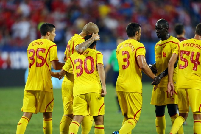 Liverpool midfielder Suso (30) celebrates with teammates after the goal against AC Milan in a friendly at Bank of America Stadium. AC Milan vs Liverpool