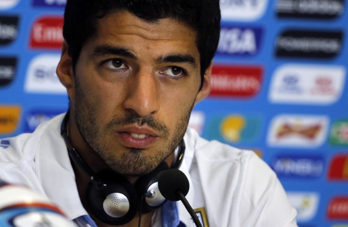 Luis Suarez at a news conference. Luis Suarez