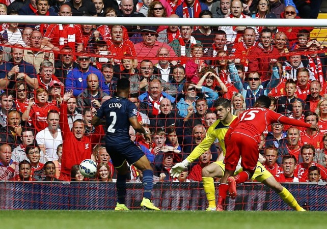 Liverpool striker Daniel Sturridge scores the winner against Southampton in the English Premier League Liverpool Daniel Sturridge Southampton Fraser Forster Clyne