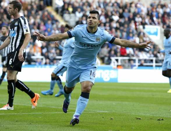 Manchester City's Sergio Aguero celebrates after scoring a goal against Newcastle United during their English Premier League match at St James' Park Newcastle United vs Manchester City