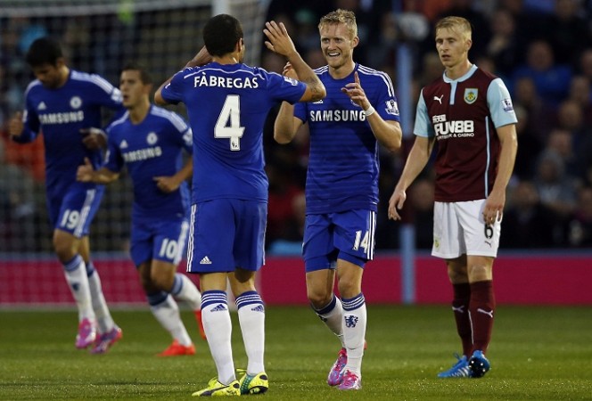 Andre Schurrle celebrates with Cesc Fabregas after scoring against Burnley in their English Premier League game Schurrle Fabregas Chelsea Burnley