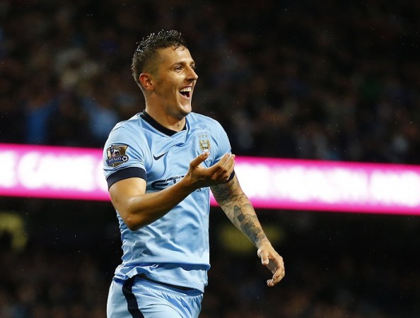 Manchester City forward Stevan Jovetic celebrates after scoring against Liverpool in the English Premier League Stevan Jovetic Manchester City