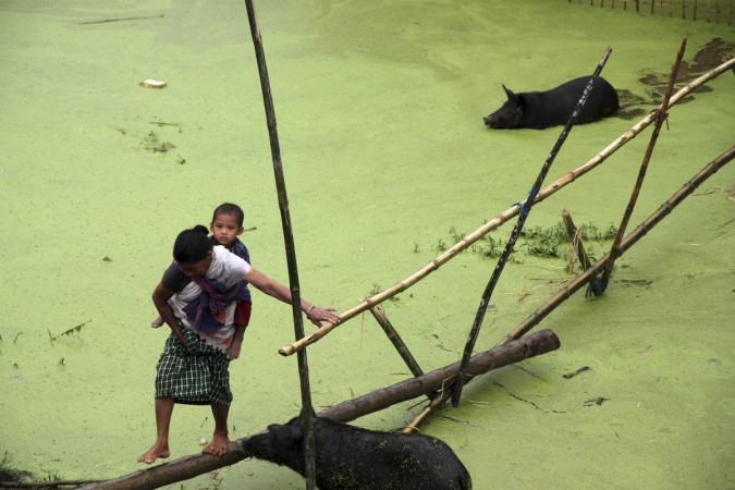 A woman along with her child is crossing the flood affected area using bamboo as bridge. Assam Flood