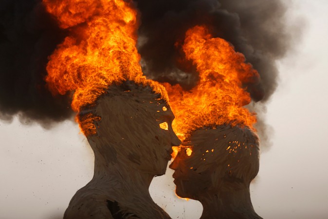 The burning of an art installation titled Embrace prior to the The Burning Man fireworks The burning of an art installation titled Embrace