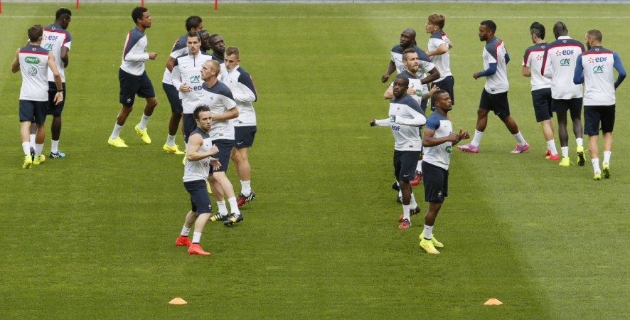 France's national soccer team players attend a training session ahead of their friendly clash against Spain at the Stade de France stadium in Saint-Denis France