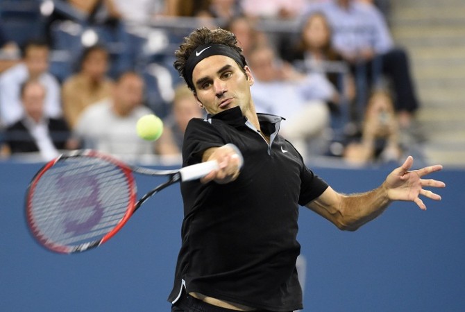 Roger Federer rips a forehand during his quarterfinal match against Gael Monfils in the US Open Roger Federer US Open