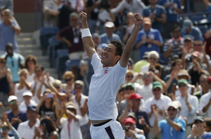 Kei Nishikori celebrates after his incredible win over Novak Djokovic in the semifinals of the US Open Kei Nishikori US Open