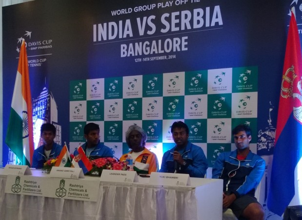 India's Davis Cup team Devvarman, Bopanna, Amritraj, Paes and Bhambri at a press conference in Bangalore. Team India presser