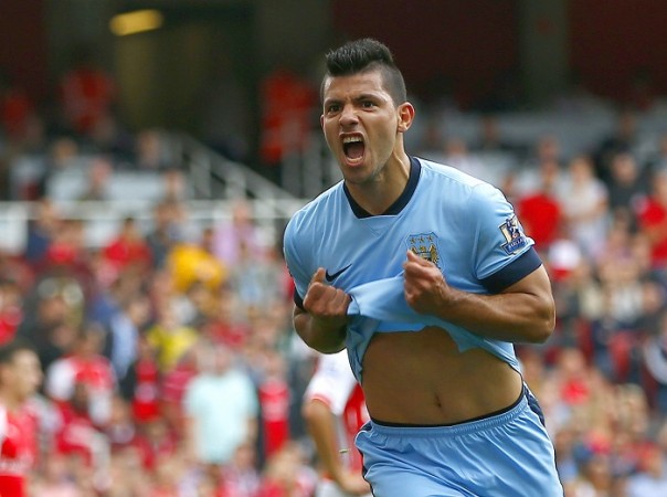 Manchester City striker Sergio Aguero celebrates scoring the opener against Arsenal Sergio Aguero Manchester City