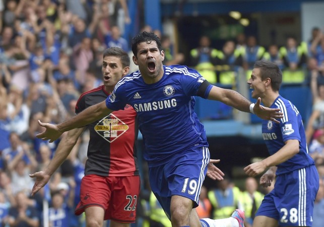 Chelsea's Costa celebrates scoring a second goal against Swansea during their English Premier League match at the Stamford Bridge Diego Costa
