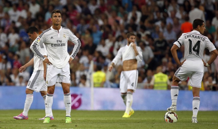 Real Madrid's James Rodriguez (L-R), Cristiano Ronaldo, Sergio Ramos and Javier Real Madrid