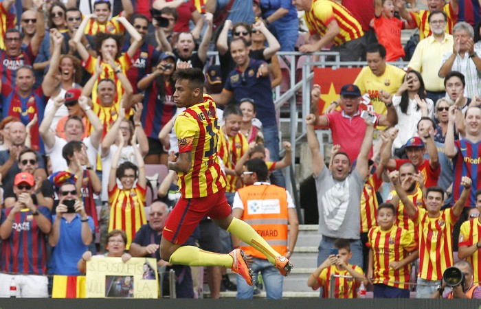 Barcelona's Neymar celebrates after scoring against Athletic Bilbao during their match at Nou Camp Neymar