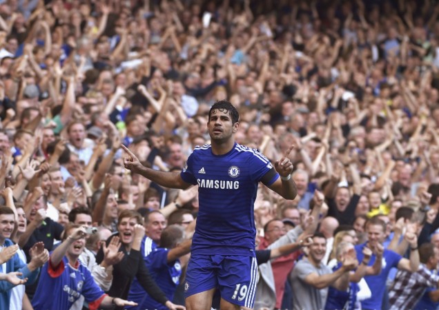 Chelsea's Diego Costa celebrates scoring a third goal against Swansea during their English Premier League match at the Stamford Bridge. Chelsea