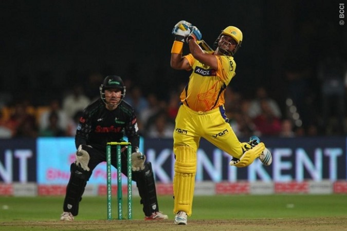 CSK batsman Suresh Raina admires his own six in the CLT20 2014 match against Dolphins Suresh Raina CSK