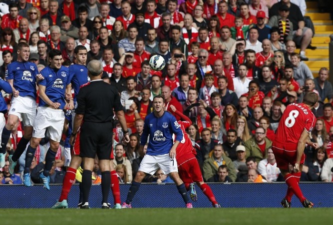 Liverpool skipper Steven Gerrard scores against Everton in their English Premier League Merseyside Derby Steven Gerrard Liverpool