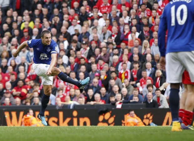 Everton defender Phil Jagielka scores the equaliser against Liverpool in their English Premier League game Phil Jagielka Everton Liverpool