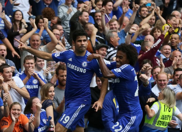 Chelsea's Diego Costa celebrates with teammate Willian after scoring against Aston Villa during the Premier League match at Stamford Bridge at the weekend. Chelsea