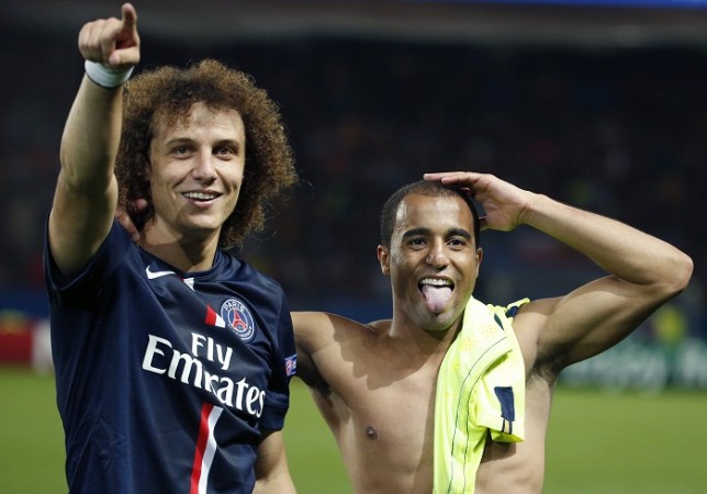 PSG players David Luiz and Lucas Moura celebrate their win over Barcelona in their Champions League Group F game PSG David Luiz Lucas Moura