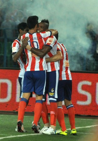 Fikru celebrates with his teammates after scoring the opening goal for Atletico de Kolkata in their ISL opening match against Mumbai City FC Fikru Atletico de Kolkata
