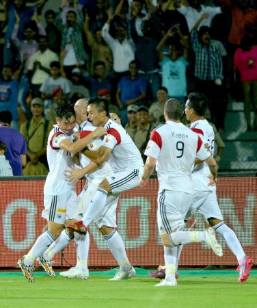 NorthEast United FC forward Koke celebrates with his teammates after scoring against Kerala Blasters in their ISL game Koke NorthEast United FC