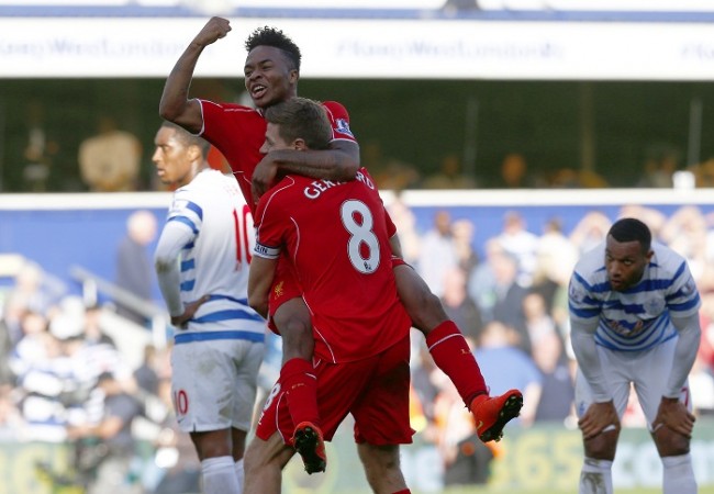 Raheem Sterling and Steven Gerrard celebrate the winning goal Raheem Sterling Steven Gerrard Liverpool QPR