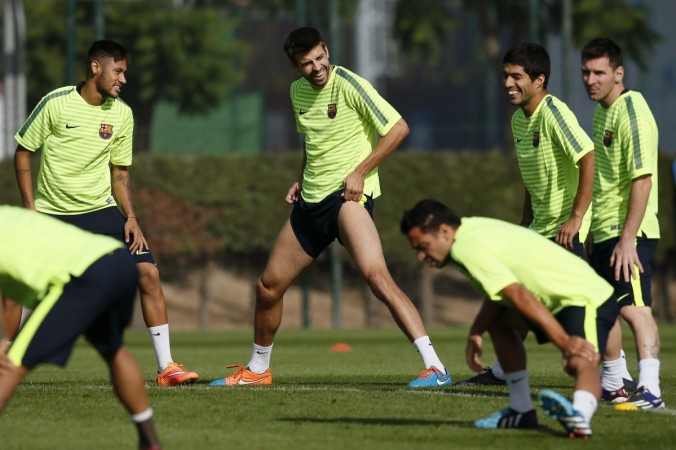 Barcelona players Neymar, Gerard Pique, Xavi Hernandez, Luis Suarez and Lionel Messi during a training session at Joan Gamper training camp, near Barcelona. Barcelona