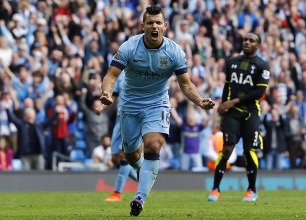 Manchester City striker Sergio Aguero celebrates after completing his hat-trick against Tottenham in their English Premier League game Sergio Aguero Manchester City Danny Rose Tottenham