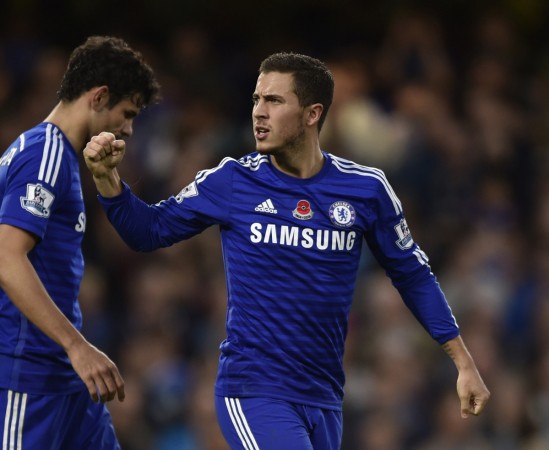 Chelsea's Eden Hazard celebrates after scoring a goal against Queens Park Rangers during their English Premier League match at Stamford Bridge Chelsea