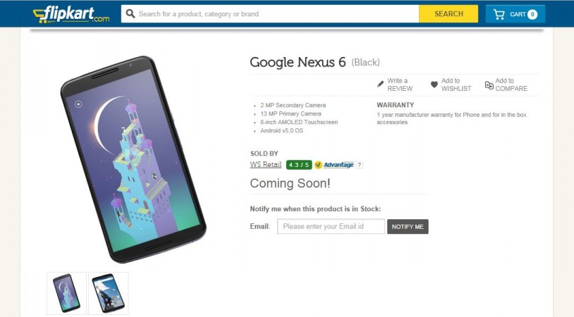 Google Nexus 6 Listed on Flipkart; Smartphone Tipped to Release in India Soon Google Nexus 6 Listed on Flipkart