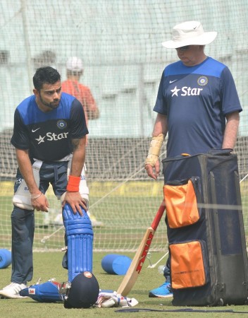 India skipper Virat Kohli and coach Duncan Fletcher discuss a few things during a practice session Virat Kohli Duncan Fletcher India