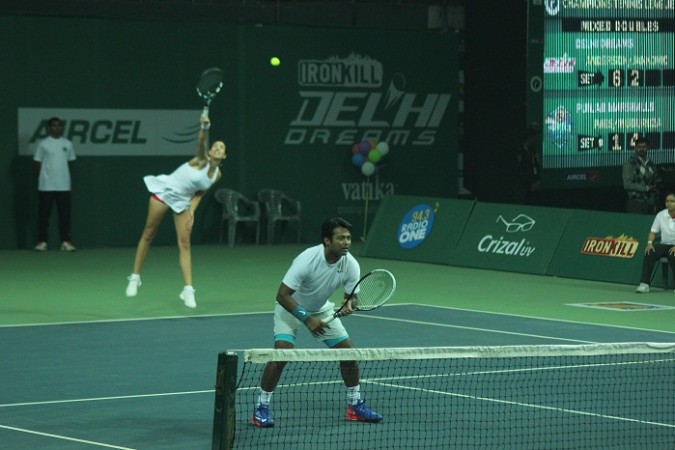 Leander Paes and Garbine Muguruza of the Punjab Marshalls in action during their Champions Tennis League match against Delhi Dreams Leander Paes Garbine Muguruza CTL