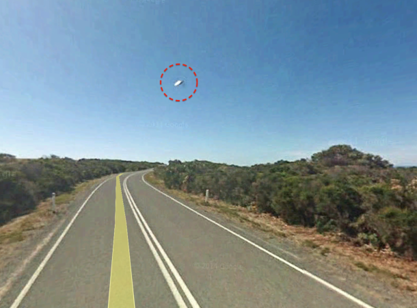 On the latest UFO Sighting news, a strange flying object or a disk was spotted via Google Earth over a road in Victoria, Australia.