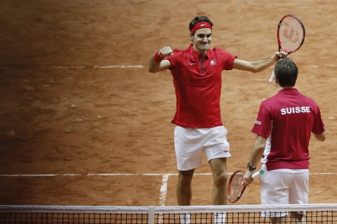 Roger Federer and Stanislas Wawrinka celebrate their win in the doubles Roger Federer Stanislas Wawrinka Switzerland Davis Cup Final