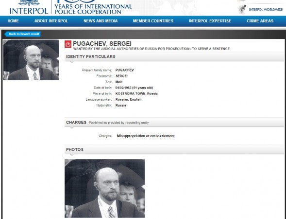 Sergei Pugachev on Interpol's Wanted List