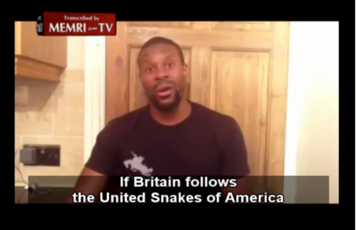 A screenshot of a video in which former boxing champion Anthony Small talks about his Islamist ideology and his support for ISIS.