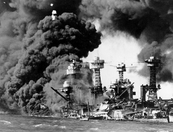U.S. Navy battleship USS West Virginia burns and sinks after the Japanese attack on Pearl Harbor, Hawaii December 7, 1941. Pearl Harbor Remembrance Day