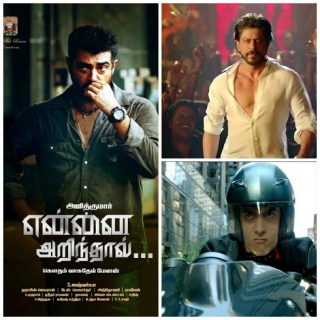 A collage of Ajith's 'Yennai Arindhaal' Beats 'Happy New Year', 'Dhoom 3'