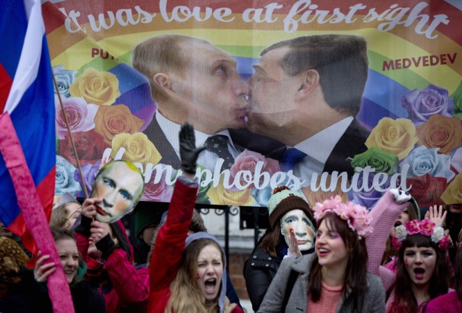 Protesters take part in a demonstration against Russia's 'anti-gay' laws. Russia's anti-gay laws