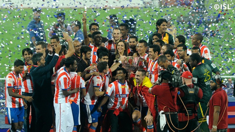Atletico de Kolkata celebrate after becoming the first champions of the Indian Super League Atletico de Kolkata